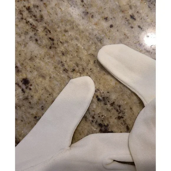 New? Vintage One Size Fits Cream Stretch Nylon Formal 8" Gloves Silver Tone Bead - Picture 10 of 16